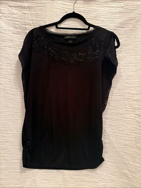 White House Black Market Black Embellished Sheer-Sleeve Top